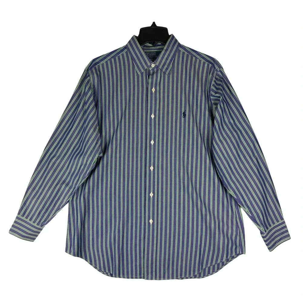 Polo Ralph Lauren Andrew Shirt Mens 16 32/33 Blue Green Striped Cotton Button Up